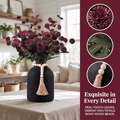 20''H Fake Flowers in Large Vase for Centerpiece Table Decorations with 10Pcs Fake Mums Flowers Eucalyptus Stems Faux Pompon Kiku Flowers Arrangement for Home Decor (Burgundy/Black Vase) - color: Burgundy/Black Vase