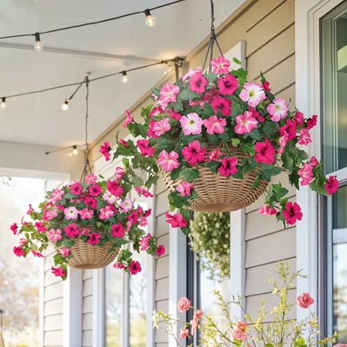 HyeFlora Artificial Flowers for Outdoors 2PCS Faux Petunias Silk Fake Flowers for Outside Planter UV Resistant Realistic Home Garden Porch Decor (Pink) - color: Pink