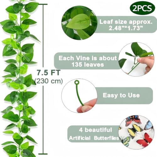 BLEUM CADE 2Pcs Fake Vines with Faux Pothos Leaves, Artificial Ivy Garland Fake Plants Greenery for Bedroom Living Room Office Wall Garden Wedding Party Indoor Outdoor Decor Aesthetic - color: Pothos Vines - 2pcs
