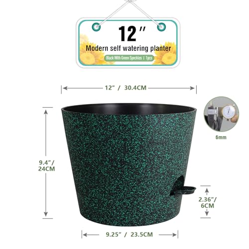 Meowell 12 inch Large Self Watering Pots for Indoor Outdoor Plants, Flower Plant Pots with Mesh Drainage Holes for Garden, Plastic Planters with Reservoir for Home Plants, Black with Green Speckles - color: Black With Green Speckles, size: 12inch A