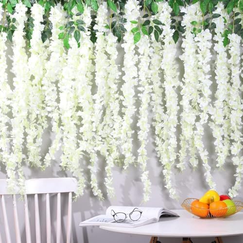 Wisteria Hanging Flowers, 60 Pack Artificial Wisteria Vines Fake Garland Silk Flower String for Wedding Party Garden Outdoor Greenery Home Wall Decoration (60pcs White) - color: 60pcs White