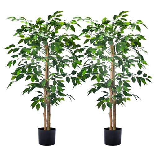 HAIHONG 2Packs 4FT Artificial Ficus Trees with Realistic Leaves and Natural Trunk, Faux Ficus Tree with Sturdy Plastic Nursery Pot, Fake Ficus Tree for Office Home Farmhouse for Indoor Outdoor Decor - color: Ficus Tree, size: 2Packs 4FT
