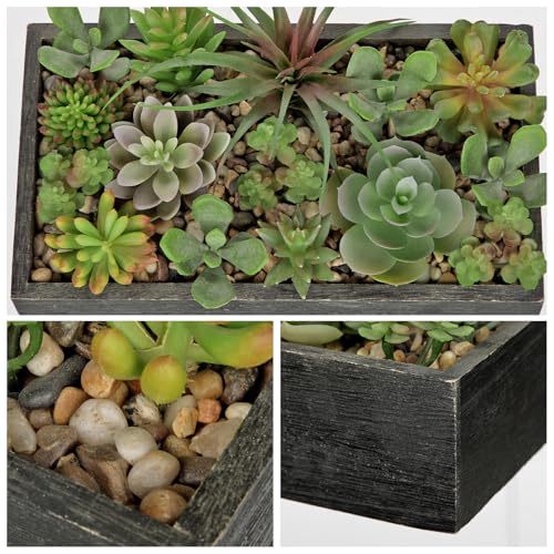 Artificial Succulent Plants in Pot 10 Inch Fake Succulent Arrangement Potted Succulents Plants Centerpiece in Rectangular Wooden Planter for Home Office Desk Shelf Living Room Bedroom Farmhouse Decor - color: Black Wooden#style 5