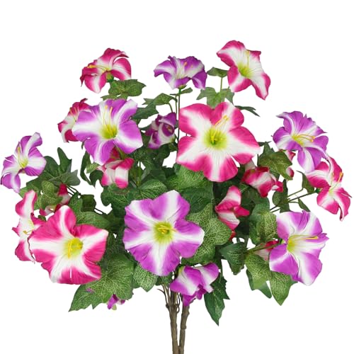 2 Pcs Artificial Flowers for Outdoors Fake Plants Outside Spring Summer Decoration Realistic Silk Morning Glory UV Resistant Faux Flowers for Planter Patio Yard Garden Porch Fuchsia Rose Red - color: Fuchsia, Rose Red