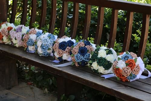 Handmade Wedding Bouquet Artificial PE Rose Bridal Bridesmaid Bouquet with Soft Ribbons Wedding Hand Holding Bouquet Artificial Fake Flowers Toss Bouquet(B-Light Blue & Blue & White, 7.9"/20cm) - color: B-light Blue & Blue & White, size: 7.9"/20cm