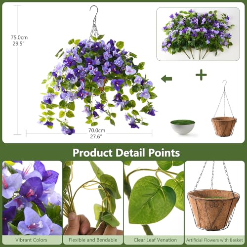 Homsunny Artificial Fake Hanging Flowers Plants Basket for Outdoor Decoration, Faux Silk Flower Bougainvillea Planter Look Real UV Resistant for Home Porch Patio Balcony Yard Spring Decor(Purple) - color: Double Purple