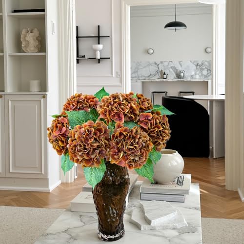 JINWOE Fall Hydrangea Artificial Flowers, 4Pcs 21” Latex Real Touch Flowers, Faux Silk Flowers Fake Artificial Hydrangeas with Stems for Bouquet Table Centerpieces Halloween （Raw Umber Brown） - color: Raw Umber Brown