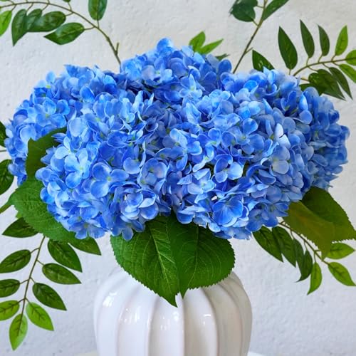 5 Pcs 18.5 inch Faux Silk Blue Hydrangea Artificial Flowers, Fake Flowers with Stems, for Wedding Bouquets Home Decor Table Centerpieces Outdoor Office Family Party Decoration - color: Blue