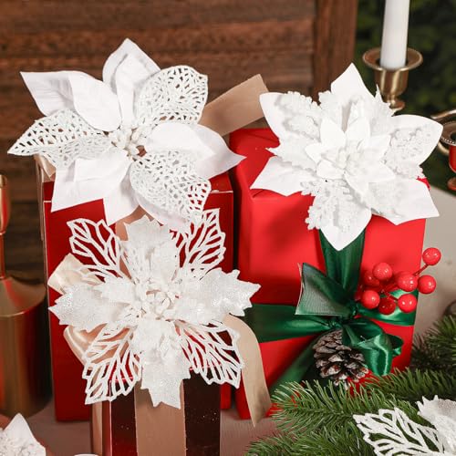Alupssuc 24 PCS 3 Styles 6'' Poinsettia Christmas Flowers Artificial, Glitter Artificial Flower, Christmas Decorations for Xmas Tree Party Wreath Fireplace, New Year Ornaments, White - color: White