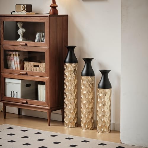 Floor Vases, Tall Home Decor Metal Vase Set of 3 Large Glazed Decorative Vases for Wedding Decor, Elegant Modern Flower Holder for Living Room, Entryway, Hallway - color: Hexagon Black Gold
