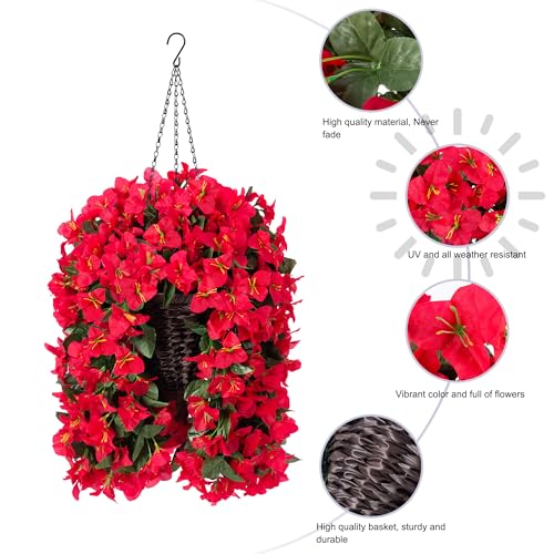 INSPRING Artificial Bougainvillea Faux Flowers Plants Baskets for Outdoor Outside Decoration, 3PCS Fake Silk Flowers Long Trailing Vines UV Resistant Realistic for Front Door Porch Patio (Red) - color: Red