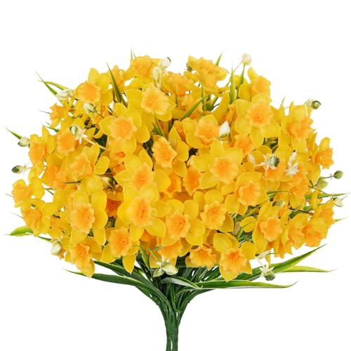 6 Bundles Daffodils Artificial Flowers, 14.2" Faux Daffodils with 90 Flower Heads, Real Touch Fake Spring Flower Yellow Decorative Flowers Bouquet for Home Wedding Centerpieces Vases Arrangement - color: Yellow, size: 6 Bundles-14.2 Inch