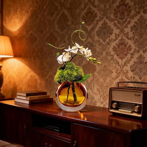 Artificial Orchids, White, in Translucent Bubble Glass Vase, Amber | Look Real, Realistic Appearance, Flower Arrangement - color: Amber