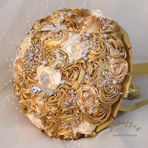 Handmade Wedding Flowers Bouquet Round Holding Bridal Bouquet Artificial Satin Roses Bunch for Bride Bridesmaid Wedding Quinceanera - color: Gold, Light Gold & Cream, size: Large (Dia. 9.8"/25cm)