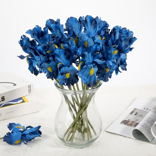 Hollyone Iris Artificial Flowers 15Pcs Faux Iris Blue Flowers 14.2" Real Touch Fake Flowers Picks Bouquets for Wedding Bridal Home Arrangements Office Table Centerpieces Decor - color: Blue