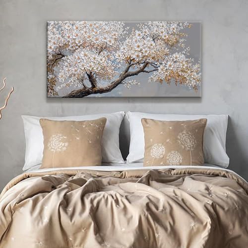 Modern Wall Art Decor White Flowers On Tree Artwork For Walls Decor Ready To Hang Pictures For Bedroom Wall Decor Living Room Office Kitchen Bathroom Canvas Prints 20x40 Inch - color: White Brown, size: 40"L x 20"W
