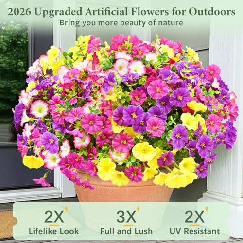 Artificial Flowers for Outdoors, 26 Bundles Fake Outdoor Flowers, UV Resistant Artificial Outdoor Plants & Flowers for Decoration, Colorful Morning Glory for Garden Porch Yard Patio, Mixed Color B - color: Purple, Fuchsia, Pink & Yellow, size: 26 Bundles