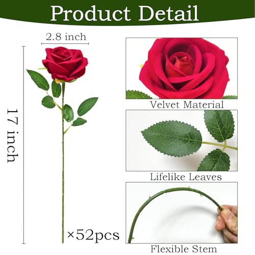 50Pcs Red Roses Artificial Flowers with Stems，Fake Roses Bouquet Fake Flowers Bulk，Silk Velvet Roses for Wedding Centerpieces Arrangement Baby Shower Birthday Home Decor Gifts - color: Red, size: 50