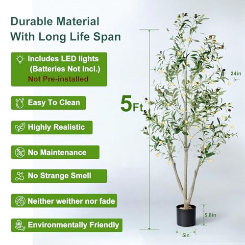 Olive Trees Artificial Indoor, 5FT Tall Faux Olive Tree with Moss and Planter, Artificial Plants Indoor with Realistic Silk Leaves and Lifelike Fruits, Fake Tree for Home Office Living Room Decor - size: 5ft