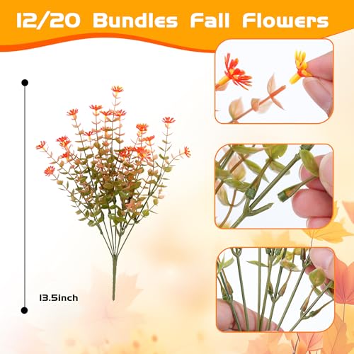 12 Bundles Artificial Fake Mums for Outdoors No Fade Fake Plants, UV Resistant Faux Plastic Fall Flowers for Home Planters Porch Garden Patio Window Box Yard Autumn Decor(Fall Red) - color: Orange, size: 12 Bundles