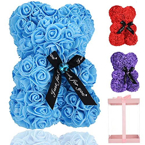 Lgv Flower Rose Bear,Romantic Gift for Valentine's Mother's Day, Christmas, Birthday,Girl Friend Her Mom Female Wife with Artificial Heart-Shaped Diamonds, Light Blue - color: Light Blue
