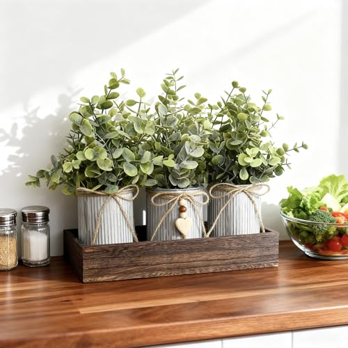 Artificial Flower Decorative Centerpiece, Frosty Green Eucalyptus Table Arrangement with 3 Rustic Metal Pots and Wood Tray for Farmhouse Home Décor - style: Eucalyptus