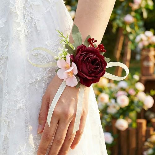 Wedding Corsage Wristlet Red Rose Wrist Corsage for Women (Red) - color: Red