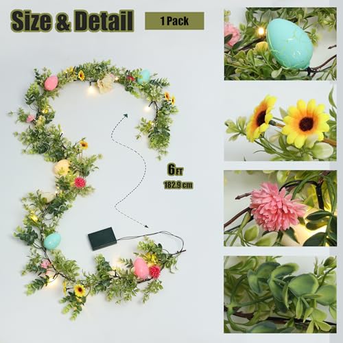 6ft Prelit Easter Garland with Easter Eggs and Flowers, Artificial Spring Greenery Floral Vine for Mantle, Table and Home Decor