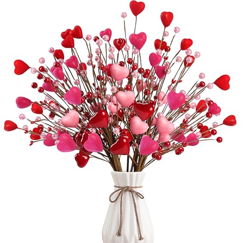 Valentine’s Day Gifts 12 Pcs Heart Shaped Berry Picks Artificial Red Heart Pearl Berry Twig Stem Branches with Red Pink Fluffy for Valentine’s Day Anniversary Flower Bouquets Wedding Home Decor - color: Red and Pink
