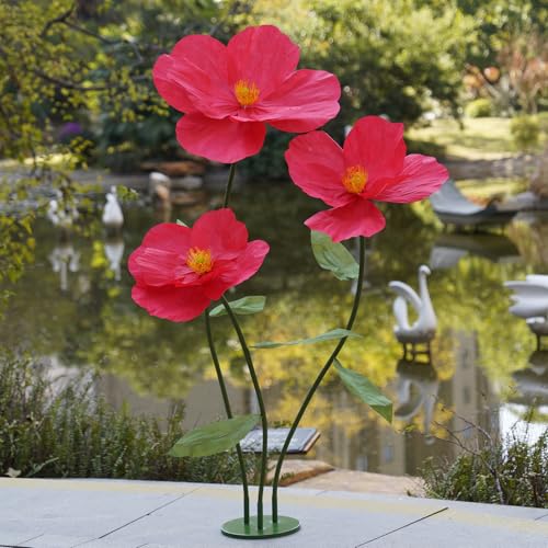 Large Paper Artificial Flowers,Giant Flowers for Decoration,Huge Handcrafted Poppy Fake Flowers with Stand for Home Decor Bridal Shower Party Outdoors Yard Event Backdrop Decor (red) - color: Red
