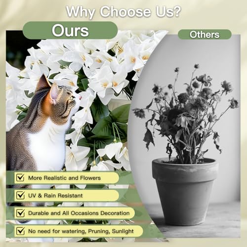 Artificial Flowers for Outdoors Fake White Bougainvillea Hanging Flower Decoration, 2Pcs Realistic Faux Silk Plants Long Trailing Vines, Spring Decor for Porch Patio Balcony Planter Yard - color: Bougainvillea - White