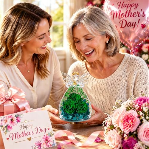 Beferr Gifts for Mom Birthday Gifts for Women, Fresh Flowers for Delivery Forever Preserved Rose in Glass Angel Figurine, Anniversary Christian Real Rose for Grandma Wife Mother from Daughter Son - color: Q Green