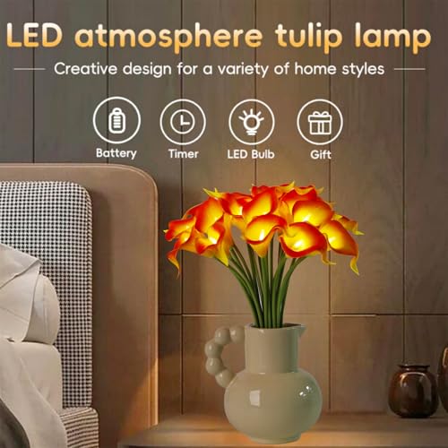 LED Lighted Artificial Flowers Calla Lily Bouquet Lamp 20 stems Real Touch Calla Faux Flower Lights for Valentine's Day Gift and Easter Home Kitchen Wedding Dining Table Decor(Orange, No Vase) - color: Orange