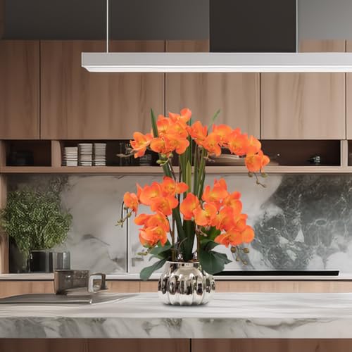 CXGS Artificial Orchid Flower Real Touch Faux Orchids in Ceramic Vase Large 22.9'' Fake Flowers Orange Phalaenopsis Floral for Home Indoor Decor - color: Orange- Silver (Large Pot)