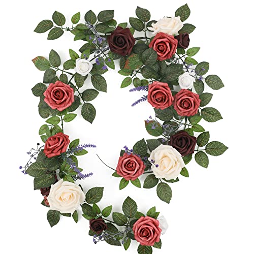 Senseya 5FT Artificial Rose Flower Garland - Dusty Burgundy Fake Floral Vine with Rose Leaves, Runner Rustic Flower Garland for Wedding Arch Backdrop Table Runner Centerpieces Party Home Mantel Decor - color: Dusty Rose Burgundy