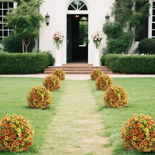 momoplant Artificial Boxwood Topiary Ball Tree with Mum Flowers 24” Tall Faux Plant with Ground Spikes Set of 2 Fake Flower Bushs for Farmhouse Porch Home Garden Decor - size: 2Pcs with Spike（Yellow&Orange）