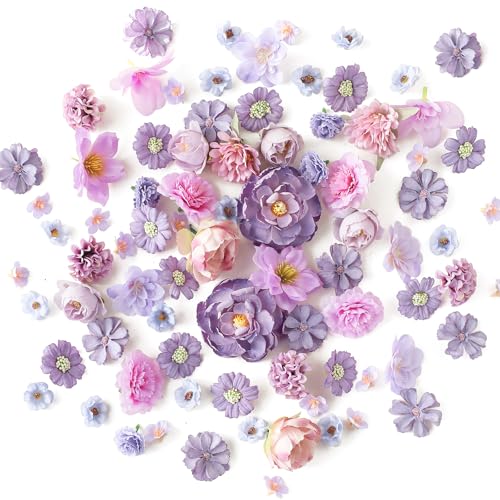 Floroom Mini Artificial Flower Heads Lavender & Purple Fake Peony Daisy Rose Multicolor Small Faux Silk Flower Heads for Cake Craft Garland Wedding Party Graduation Cap DIY Home Decoration, 0.8"-3.6" - color: Elysian Lavender & Violet
