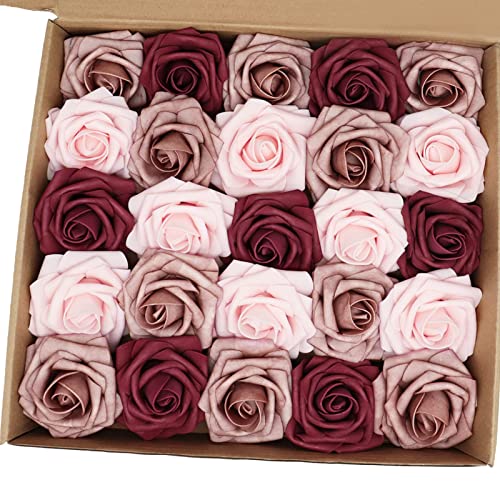 Artificial Flowers 50PCS Real Looking Blush & Dusty Rose & Burgundy Fake Roses with Stem for DIY Wedding Bouquets Centerpieces Baby Shower Party Home Decorations - color: Blush&dusty Rose&burgundy, size: 3"/50pcs