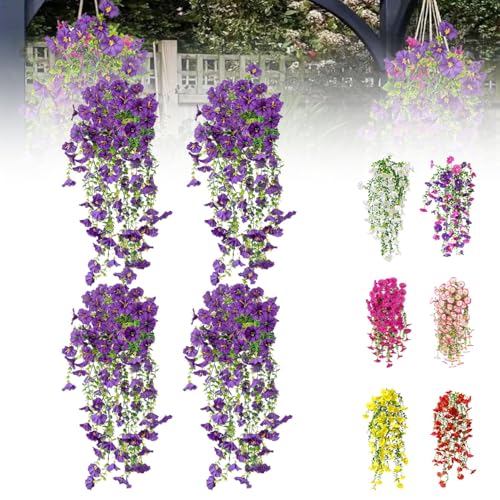 Artificial Flowers for Outdoors Fake Morning Glory Hanging Flower Decoration, 4 Pcs Realistic Faux Plants Petunias Trailing Vines, Spring Summer Decor for Porch Patio Balcony Planter Yard(Purple) - color: Purple, size: 4 Pcs