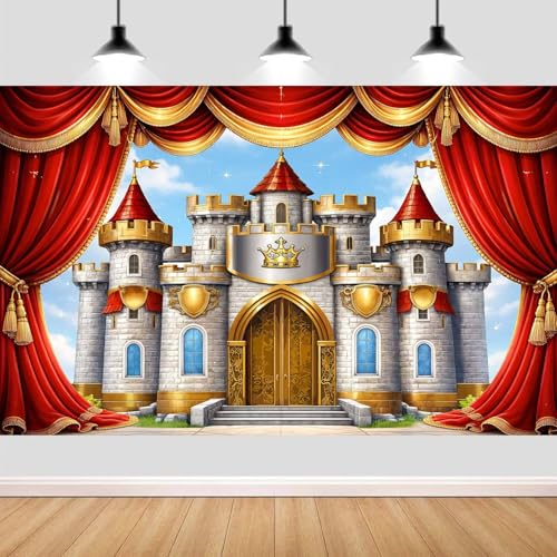 6X4ft Castle Backdrop Red Gold Stage Curtain Royal Noble Castle Photography Background Baby Shower Birthday Party Cake Table Decor Medieval Themed Photo Booth Props Wall Decor Banner - color: Multi13, size: 6X4FT