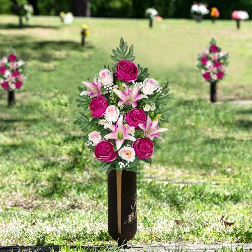 Briful 2 Set Artificial Cemetery Flowers for Grave, Silk Sympathy Grave Flowers Bouquet Fake Rose Peony Lily Floral Arrangement for Outdoor Vase Funeral Memorial Mother’s Day Decor - color: Purple Pink
