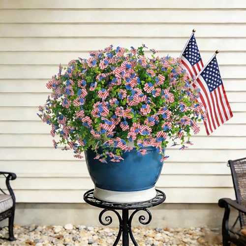 ADXORA 12 Bundles Artificial Flowers,Faux Plants for Spring Summer Decoration, UV Resistant Colorful Violets Eucalyptus for Outside Home Planter Porch Patio Yard Décor (Red,Blue,White) - color: Red,blue,white