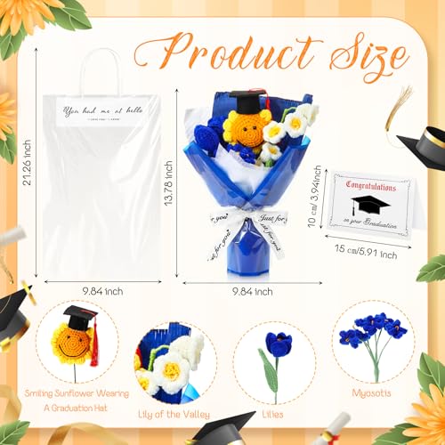 2026 Graduation Crochet Flowers Bouquet Gifts Class of 2026 Graduation Gift for Her Sunflower Mortarboard with Greeting Cards Bag Handmade Knitted Artificial Flowers for Grad(Blue) - color: Blue