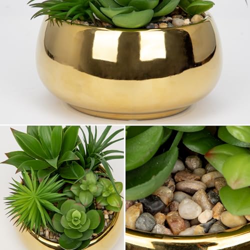 Hollyone Succulents Plants Artificial in Pots Fake Succulents for Outdoors Indoor Faux Succulent Arrangement Potted Plant in Gold Ceramics Planter Bowl for Garden Office Desk Living Room Home Decor - color: Gold