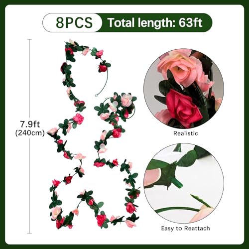 8Pcs 63Ft Pink Rose Garland, Fake Flower Vines, Artificial Vine Flowers, Rose Hanging Garland for Party Wedding, Garden, Room Table, Christmas, Backdrop Wall Arch Decor - color: Pink, size: 8Pcs-63Ft