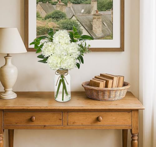 Hollyone White Hydrangea Artificial Flowers in Clear Glass Vase with Faux Water Silk Hydrangeas Fake Flowers Floral Arrangement for Home Bathroom Kitchen Office Table Centerpiece Shelf Decorations - color: White