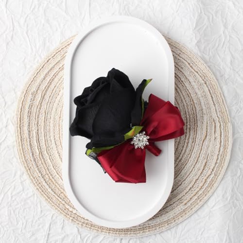 Black Rose Wrist Corsage and Boutonniere Set Rose Corsage Wristlet for Wedding Prom Party Homecoming Decoration Set of 2 (Red and Black) - color: Red and Black