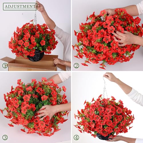VIERENA 2 Sets Artificial Morning Glory and Eucalyptus Hanging Basket for Outdoor, UV-Resistant Fake Flower Hanging Basket, Suitable for Porch, Aisle, Garden, Patio, Eaves Decor (Red) - color: Red