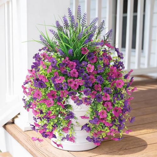 Artificial Fake Hanging Flowers Plants for Outdoor Outside Decoration, Faux Silk Daisy Flower Realistic UV Resistant for Front Porch Patio Balcony Garden Yard Indoor Planter Home Decor(Purple) - color: Mixed 1