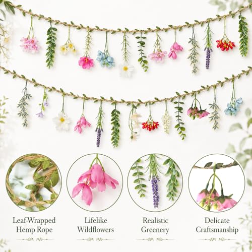2 PCS 6.5ft Artificial Flower Banner Wildflower Garland Hanging Flowers for Garden Birthday Wedding Tea Party Bridal Shower Home Spring Supplies(Hemp Rope) - color: Hemp